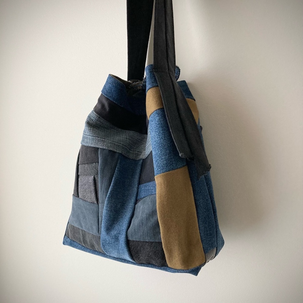 origami boro dumpling bag patchwork color block hobo tote denim jean joodito - Picture 7 of 9